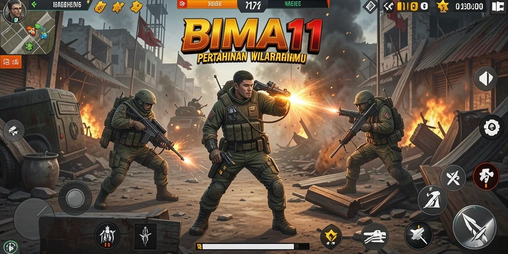 Screenshot gameplay yang menampilkan pertempuran strategis di BIMA11.