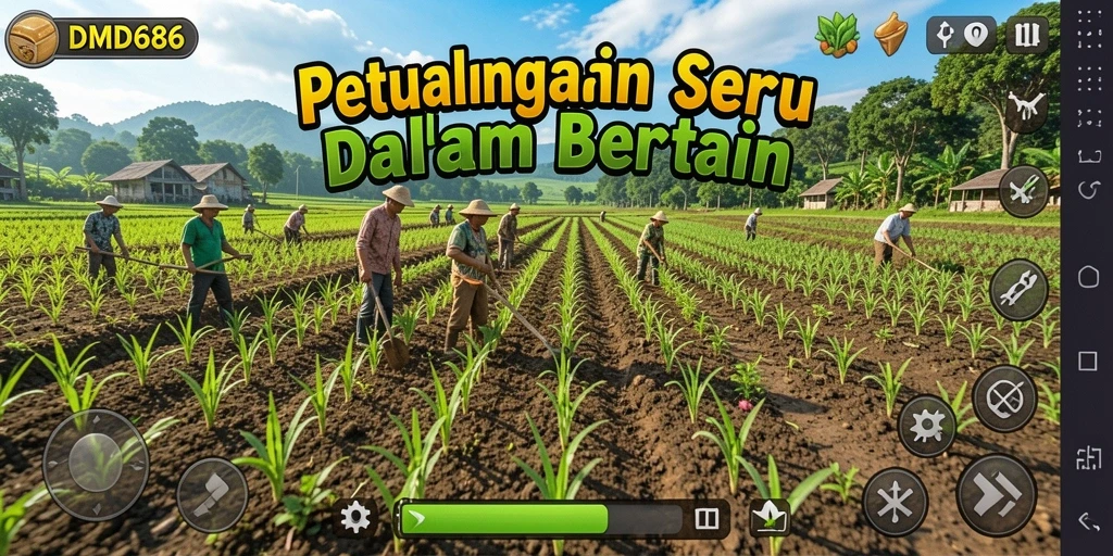 Screenshot menunjukkan petani yang tengah merawat ladang tanaman.