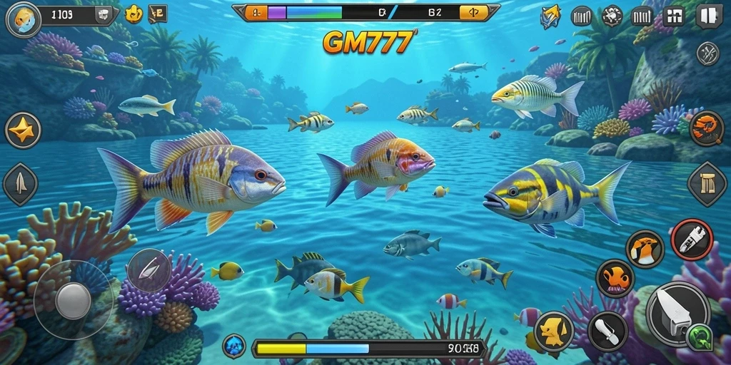 Tangkapan layar gameplay seru dari GM777, menunjukkan aksi menembak ikan.