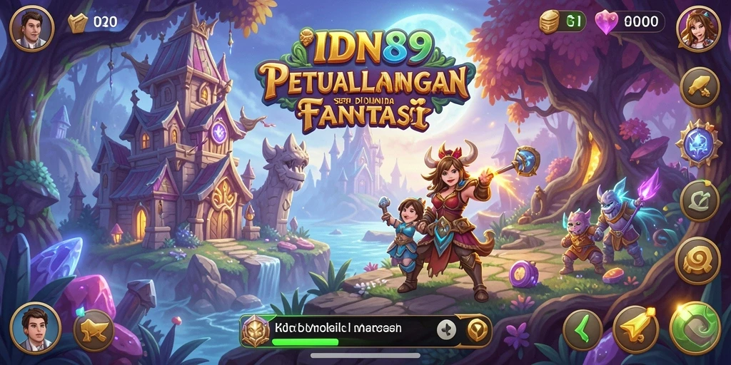 Skrinsut permainan menunjukkan karakter yang menjelajahi dunia fantasi luas.