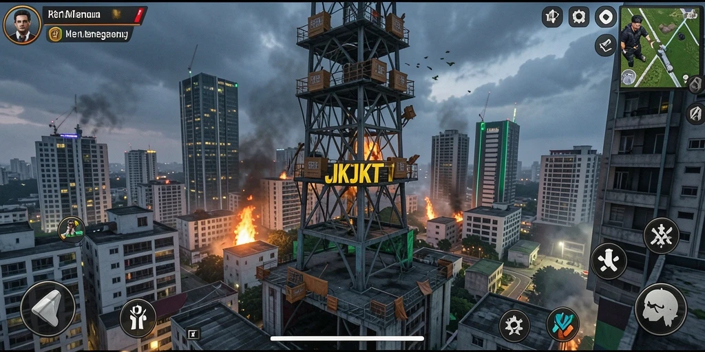 Screenshot gameplay JKTJKT menampilkan menara yang siap menghadapi gelombang musuh.