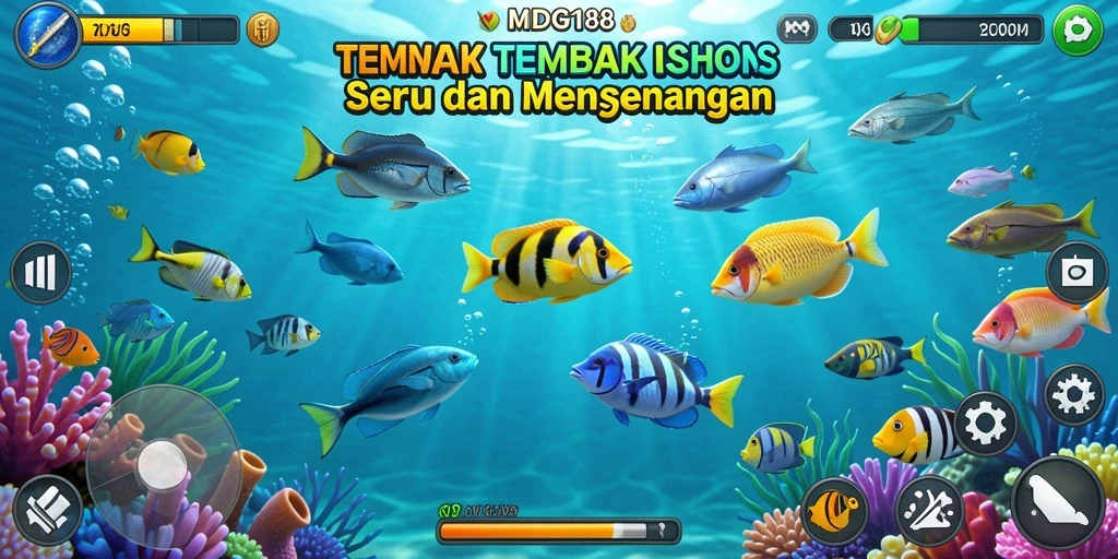 Tampilan gameplay seru dalam MDG188 dengan ikan berwarna-warni.