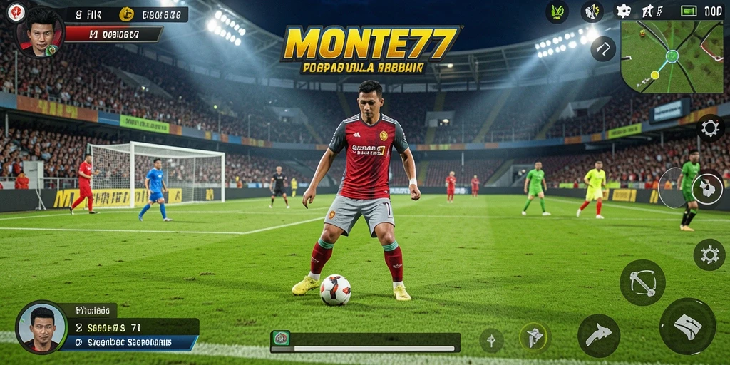 Screenshot gameplay dari MONTE77 menampilkan aksi seru di lapangan sepak bola.