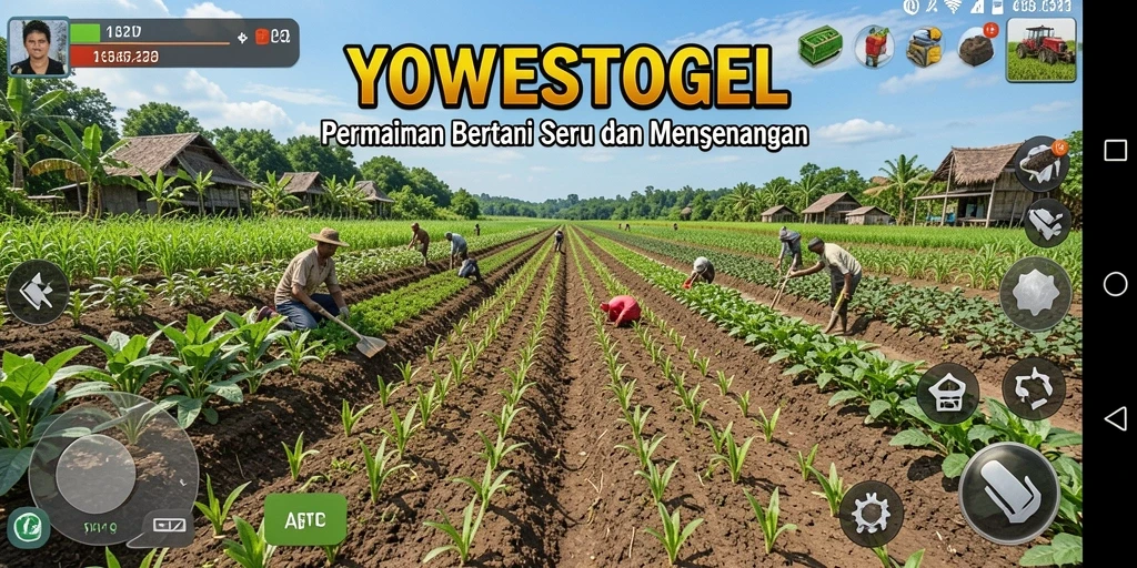 Screenshot gameplay YOWESTOGEL menampilkan petak pertanian yang indah dan hewan ternak.